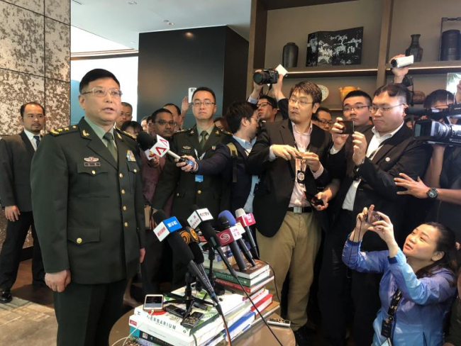 Vice President of Chinese Academy of Military Science He Lei talks to media at the annual Shangri-La Dialogue in Singapore, June 2, 2018.[Photo: CGTN]