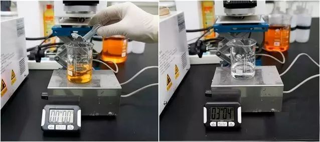 (Left) Researchers at the Shanghai Institute of Ceramics start an experiment to see how long it takes for the new material to absorb pollutants from a sample of contaminated water. (Right) After three minutes and four seconds, the polluted water has become clear and its pungent odor disappeared. [Photo: Xinhua]