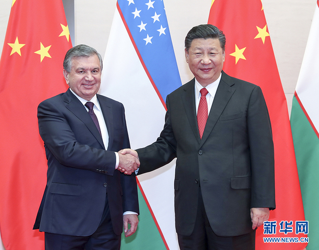 Chinese President Xi Jinping (R) meets with Uzbek President Shavkat Mirziyoyev in Qingdao, east China's Shandong Province, June 9, 2018. [Photo: Xinhua]