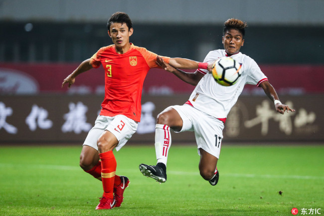 Wang Shenchao plays during an international friendly against Myanmar in Nanjing, Jiangsu Province, May 26, 2018. [Photo: IC]
