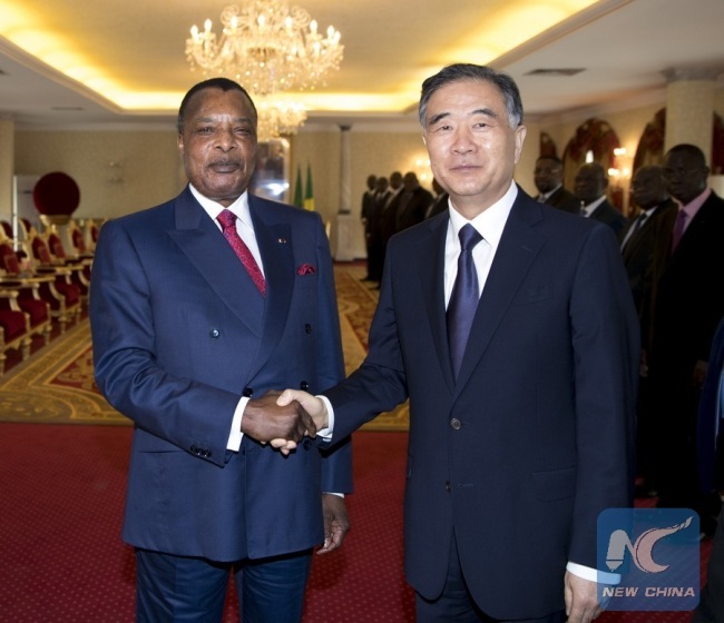 Wang Yang (R), chairman of the National Committee of the Chinese People's Political Consultative Conference, meets with Congolese President Denis Sassou Nguesso in Brazzaville, the Republic of Congo, June 13, 2018. At the invitation of Pierre Ngolo, president of the Senate of the Republic of Congo, Wang paid an official friendly visit to the African country from June 11 to 13. [Photo: Xinhua]