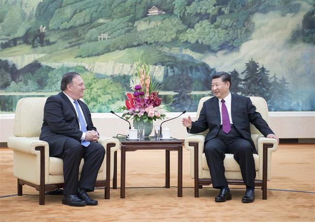 Chinese President Xi Jinping meets with U.S. Secretary of State Mike Pompeo at the Great Hall of the People in Beijing, capital of China, June 14, 2018.  [Photo: Xinhua]