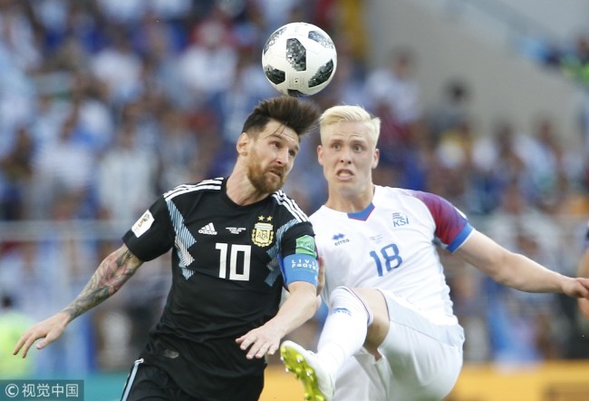Lionel Messi (10) of Argentina in action against Hordur Magnusson (18) of Iceland during the 2018 FIFA World Cup Russia Group D match between Argentina and Iceland at Spartak Stadium on June 16, 2018 in Moscow, Russia. [Photo: VCG]
