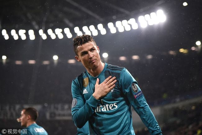 In this file photo taken on April 03, 2018 Real Madrid's Portuguese forward Cristiano Ronaldo celebrates his second goal during the UEFA Champions League quarter-final first leg football match between Juventus and Real Madrid at the Allianz Stadium in Turin. Real Madrid announced on July 10, 2018 Cristiano Ronaldo's transfer to Juventus. [File Photo: VCG]