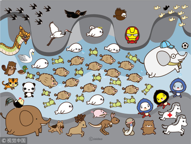 An undated graphic illustration depicts thirteen boars surrounded by other animals, each representing boys and the expert teams involved in the rescue of the soccer team, in this social media illustration obtained by July 10, 2018. [Photo: VCG]