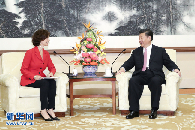 Chinese President Xi Jinping on Monday meets with United Nations Educational, Scientific and Cultural Organization (UNESCO) Director-General Audrey Azoulay in Beijing, July 16, 2018. [Photo: Xinhua]