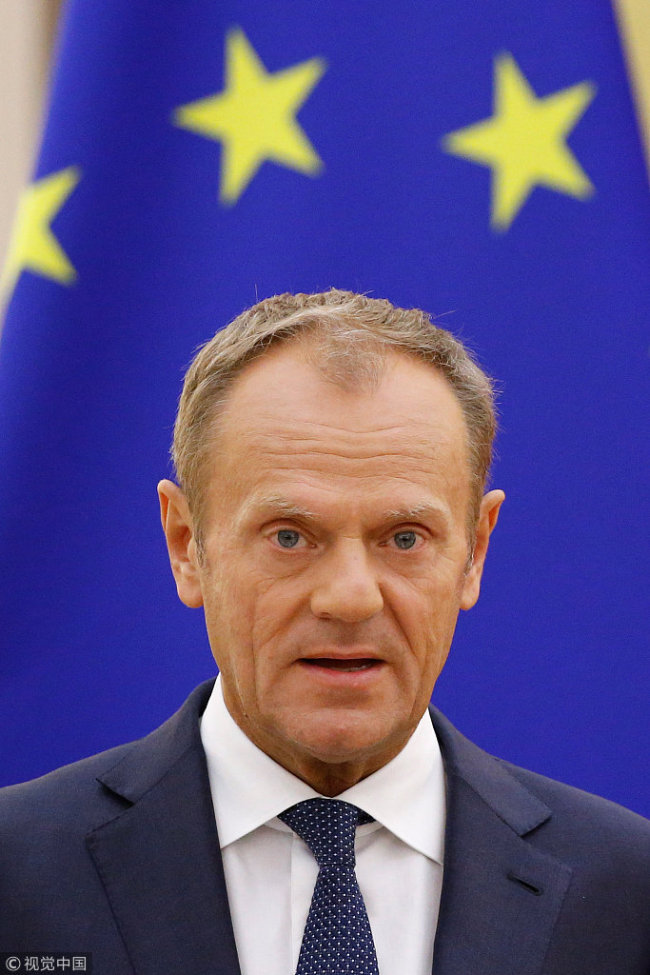 European Council President Donald Tusk attends a news conference at the Great Hall of the People in Beijing, China, July 16, 2018. [File photo: VCG]