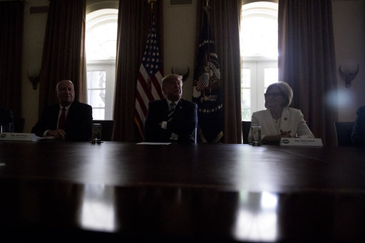 The lights go out as President Donald Trump, center, accompanied by House Ways and Means Committee chairman Rep. Kevin Brady, R-Texas, left, and Rep. Diane Black, R-Tn., right, speaks in the Cabinet room of the White House, Tuesday, July 17, 2018, in Washington. Trump says he meant the opposite when he said in Helsinki that he doesn't see why Russia would have interfered in the 2016 U.S. elections. [Photo: AP/Andrew Harnik]