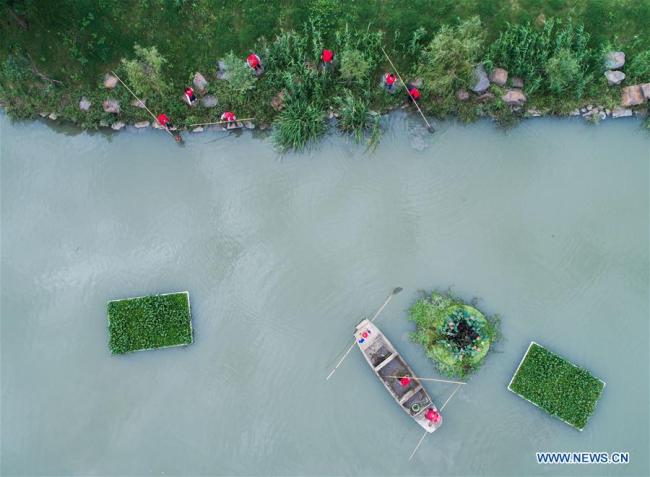 A river chief and sanitation workers patrol in Changxing County of east China's Zhejiang Province, Oct. 13, 2017.