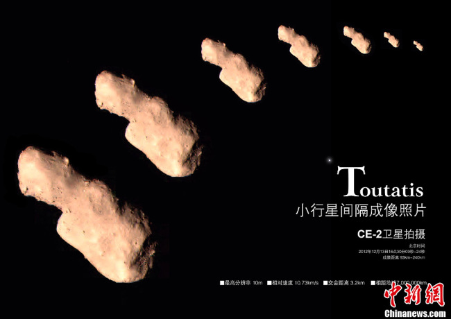 Photos of the Toutatis asteroid captured by Chang'e-2 [File photo: State Administration of Science, Technology and Industry for National Defence]