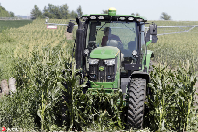 Farmer Tim Novotny, of Wahoo, shreds male corn plants in a field of seed corn, in Wahoo, Neb., Tuesday, July 24, 2018. [Photo: IC]