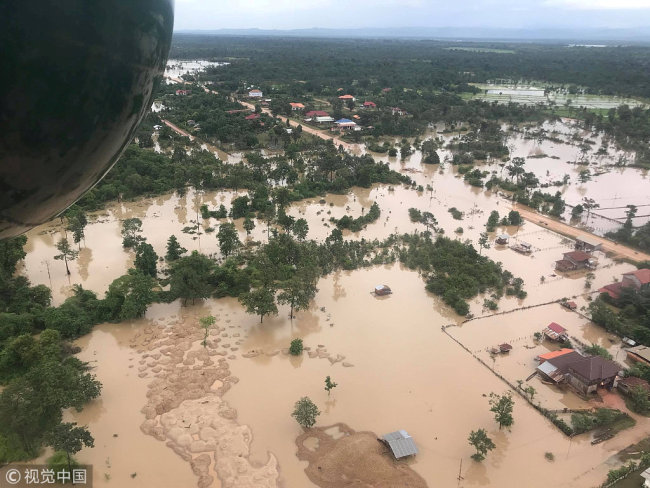 The area that was flooded after a dam collapsed in Attapeu Province in Laos on Monday, seen here on Wednesday, July 25, 2018. [Photo: VCG]