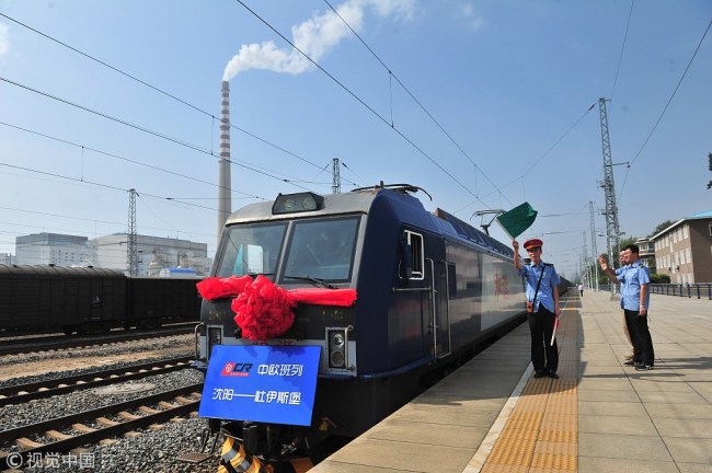 A freight train leaves Shenyang, Liaoning Province, for Duisburg, Germany on September 9, 2017. [File photo: VCG]