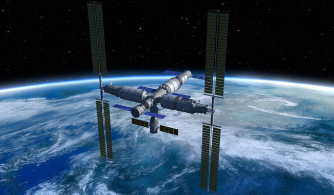 An artist rendering of the completed Chinese Space Station, including docked Shenzhou and Tianzhou spacecraft. [File photo: China Manned Space Agency]
