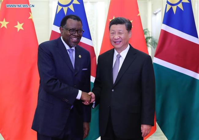 Chinese President Xi Jinping (R) meets with Namibian President Hage Geingob at the Great Hall of the People in Beijing, capital of China, Sept. 2, 2018. [Photo: Xinhua/Xie Huanchi]