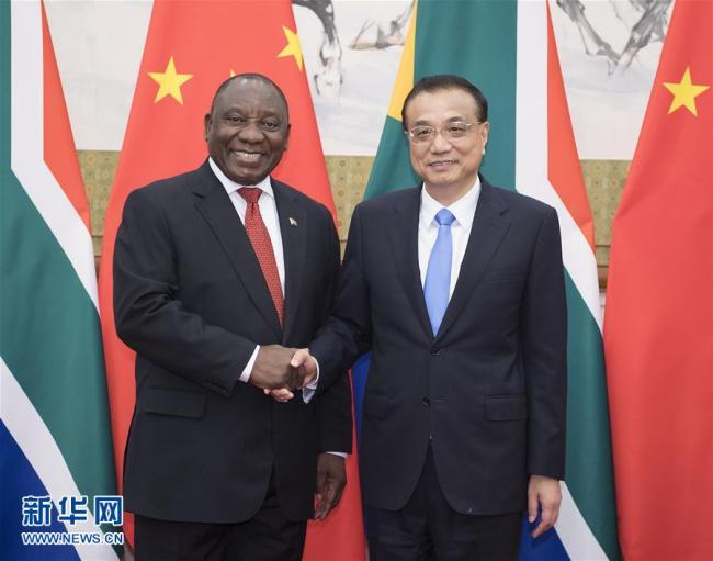 Chinese Premier Li Keqiang met with South African President Cyril Ramaphosa in Beijing on Sunday, September 2, 2018. [Photo: Xinhua]