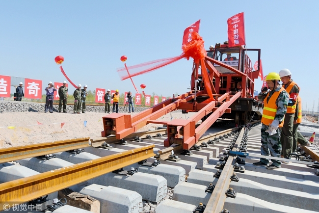 Picture taken on the construction site of the first bullet train rail line connects from Wuzhong to Zhongwei on Sept. 2nd, 2017. [File photo: VCG]