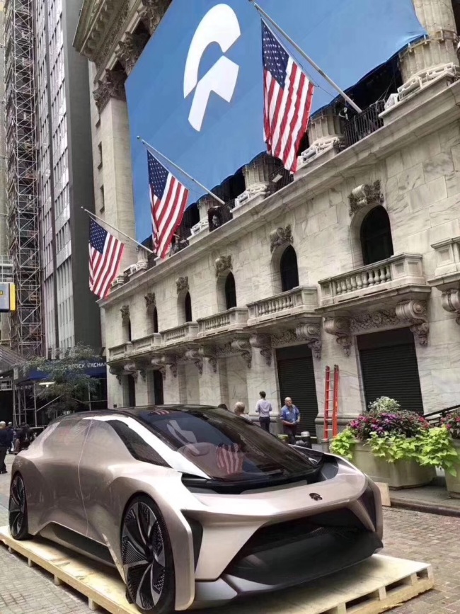 NIO car model parked outside the New York Stock Exchange on Sept. 11th, New York time, 2018. [Photo provided to China Plus]