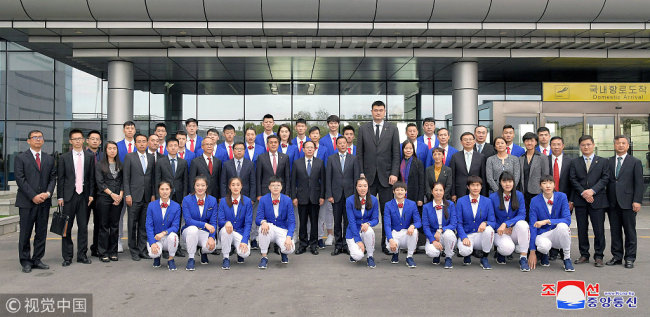 Chinese delegation including former NBA player, chairman of Chinese Basketball Association Yao Ming and director of the State General Administration of Sports Gou Zhongwen is seen during a visit to Pyongyang in this photo released by North Korea's Korean Central News Agency (KCNA) on October 8, 2018.[Photo: VCG]