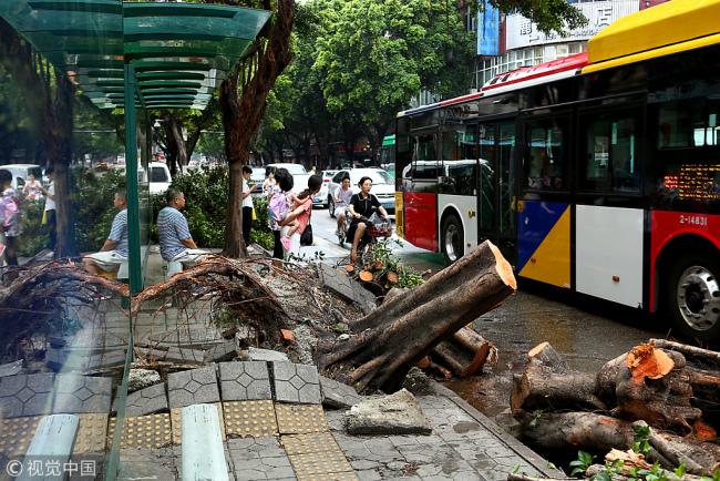 This photo taken on September 18, 2018, shows a broken road in Guangzhou, capital of Guangdong Province, after Typhoon Mangkhut hit the city. [File photo: VCG]
