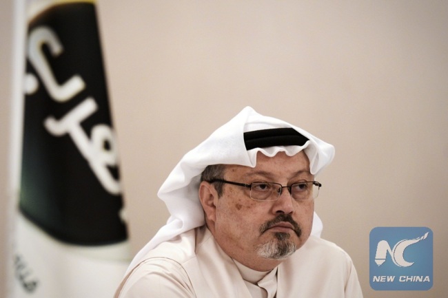 In this file photo taken on December 15, 2014 (FILES) In this file photo taken on December 15, 2014, general manager of Alarab TV, Jamal Khashoggi, looks on during a press conference in the Bahraini capital Manama. [Photo: Xinhua]