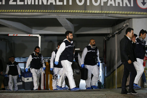 Turkish police crime scene investigators leave an underground car park, after looking for possible clues into the killing of Saudi journalist Jamal Khashoggi, on a vehicle belonging to the Saudi consulate found by authorities a day earlier, in Istanbul, Tuesday, Oct. 23, 2018. [Photo:AP]