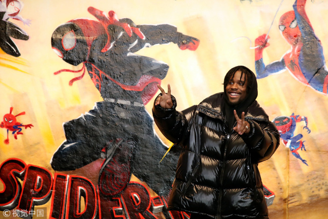 <br>International voice cast Shameik Moore (English language voice of Miles Morales) attends a stylish graffiti photo call to celebrate the ground-breaking new animation movie 'Spider-Man: Into The Spider-Verse' on October 28, 2018 in London, England. The film hits global cinemas from December 12th. 