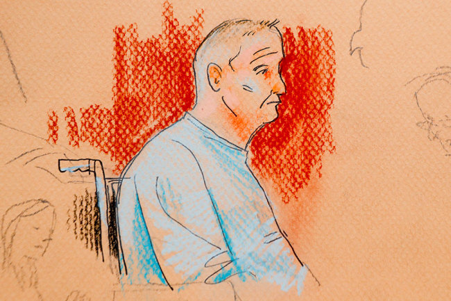 This courtroom sketch depicts Robert Gregory Bowers, who was wounded in a gun battle with police as he appeared in a wheelchair at federal court on Monday, Oct. 29, 2018, in Pittsburgh. Bowers, accused in the Pittsburgh synagogue massacre, appeared briefly in federal court in a wheelchair and handcuffs Monday to face charges he killed 11 people. [Photo: AP]