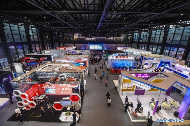 Photo taken on Nov. 6, 2018 shows exhibition booths at the Light of Internet Expo of the fifth World Internet Conference in Wuzhen Township of Tongxiang, east China's Zhejiang Province. [Photo:Xinhua]