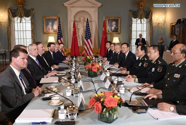 Yang Jiechi (4th R), a member of the Political Bureau of the Communist Party of China (CPC) Central Committee and director of the Office of the Foreign Affairs Commission of the CPC Central Committee, presides over the second China-U.S. Diplomatic and Security Dialogue in Washington D.C., the United States, on Nov. 9, 2018. [Photo: Xinhua/Liu Jie]