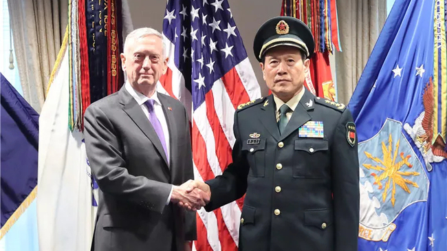 Chinese Minister of Defense Wei Fenghe and US Secretary of Defense Jim Mattis hold talks in Pentagon for the second round of the China-US Diplomatic and Security Dialogue in Washington, DC, November 9, 2018. [Photo via Chinese Defense Ministry]