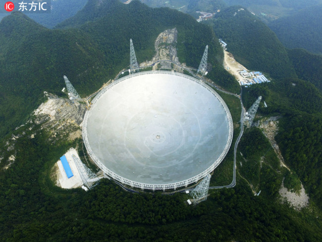 Aerial view of the world's largest radio telescope called FAST (Five-hundred-meter Aperture Spherical Telescope) in Pingtang county, Qiannan Buyi and Miao Autonomous Prefecture, southwest China's Guizhou province, 25 September 2016. [Photo: IC]