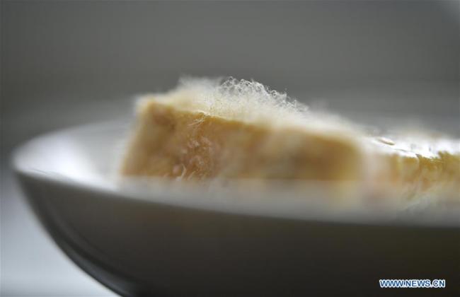 Photo taken on Dec. 3, 2018 shows a bowl(碗 wǎn) of Tujia-style "mildewed tofu", with the signature hairy fungi(长毛 zhǎngmáo) growing on their surfaces(表面 biǎomiàn), in Xuan'en County of Enshi Tujia Autonomous Prefecture, central China's Hubei Province.(Xinhua/Song Wen)