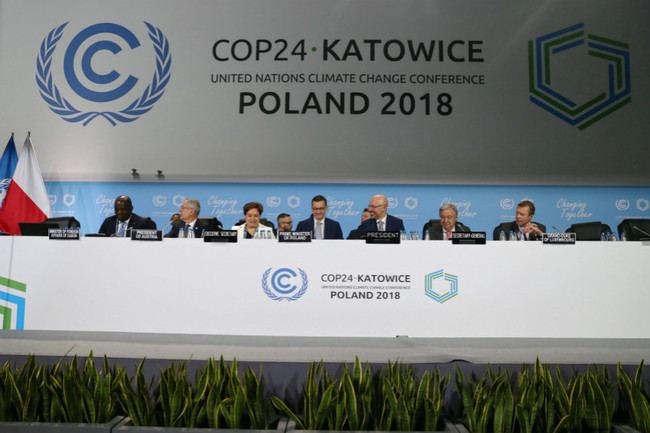  (L-R) Gabon's Foreign Affairs Minister Omar Bongo, Austrian Federal President Alexander Van der Bellen, Executive Secretary of UN Climate Change Patricia Espinosa, Polish Prime Minister Mateusz Morawiecki, Polish Deputy Minister of the Environment and chairman of the COP24 Michal Kurtyka, Secretary General of the United Nations (UN) Antonio Guterres and Grand Duke Henri of Luxembourg during the COP24 summit in Katowice, Poland, 04 December 2018. The COP (Conference of the Parties) summit is the highest body of the UN Framework Convention on Climate Change (UNFCC). Expected at the meeting are close to 30,000 delegates from all over the world, including government leaders and ministers responsible for environmental policy. [Photo: IC]