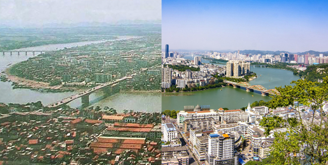 The polluted Liuzhou of the 1990s (left) compared with present day Liuzhou. [Photo provided to China Plus]