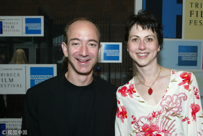 Jeff Bezos and wife MacKenzie at the premiere of "The Italian Job," featured on the last day of the Tribeca Film Festival in New York on May 11, 2003. [File Photo: VCG]