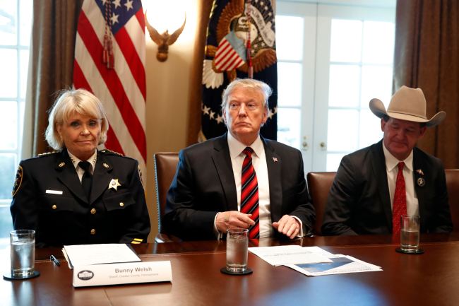 President Donald Trump, with Carolyn "Bunny" Welsh, sheriff of Chester County, Pa., left, and AJ Louderback, sheriff of Jackson County, Texas, attends a roundtable discussion on border security with local leaders, Friday Jan. 11, 2019, in the Cabinet Room of the White House in Washington. [Photo: AP /Jacquelyn Martin]