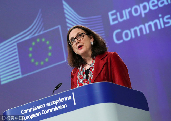 European Trade Commissioner Cecilia Malmstroem holds a news conference about EU-U.S. trade relations at the EU Commission headquarters in Brussels, Belgium January 18, 2019.[Photo: VCG]