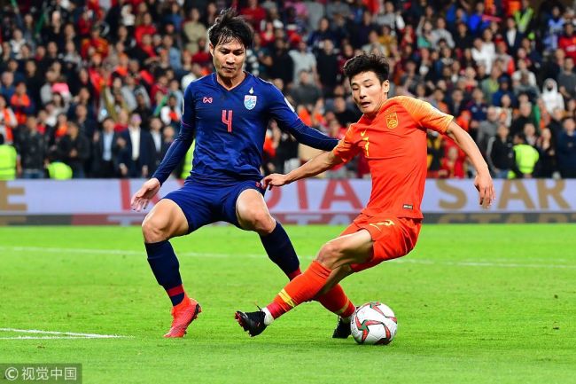 China's forward Wu Lei (R) in action against Thailand's defender Chalermpong Kerdkaew during the 2019 AFC Asian Cup Round of 16 football match between Thailand and China at the Hazza Bin Zayed Stadium in Al-Ain, United Arab Emirates, January 20, 2019. [Photo: VCG]