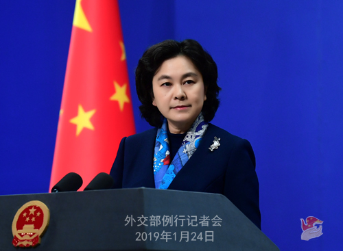 Chinese Foreign Ministry spokeswoman Hua Chunying speaks during the regular briefing on Jan 24, 2019 in Beijing. [Photo： gov.cn]