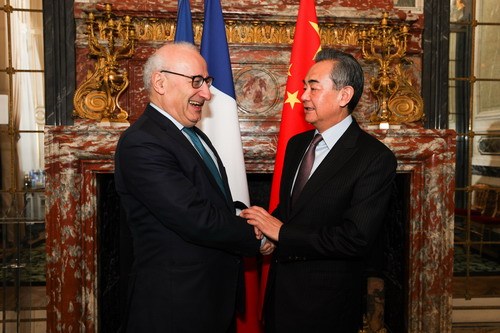 Chinese State Councilor and Foreign Minister Wang Yi (R), who is currently in France for the 18th consultation of the coordinators for the China-France Strategic Dialogue, meets with Philippe Etienne, diplomatic adviser to the French President at the Elysee Palace, in Paris, France, Jan. 24, 2019. [Photo: fmprc.gov.cn]