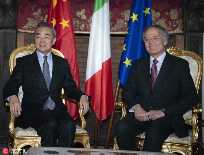 Italian Foreign Minister Enzo Moavero Milanesi meets with Chinese State Councilor and Foreign Minister Wang Yi in Rome, Italy, on Friday, 25 January 2019. [Photo: IC]