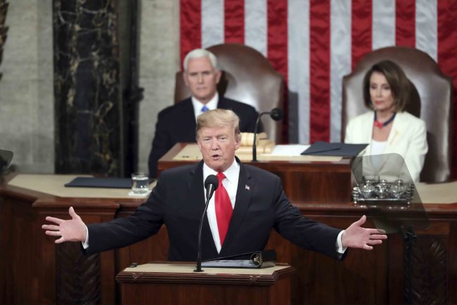 President Donald Trump delivers his State of the Union address to a joint session of Congress on Capitol Hill in Washington, as Vice President Mike Pence and Speaker of the House Nancy Pelosi, D-Calif., watch, Tuesday, Feb. 5, 2019. [Photo: AP]