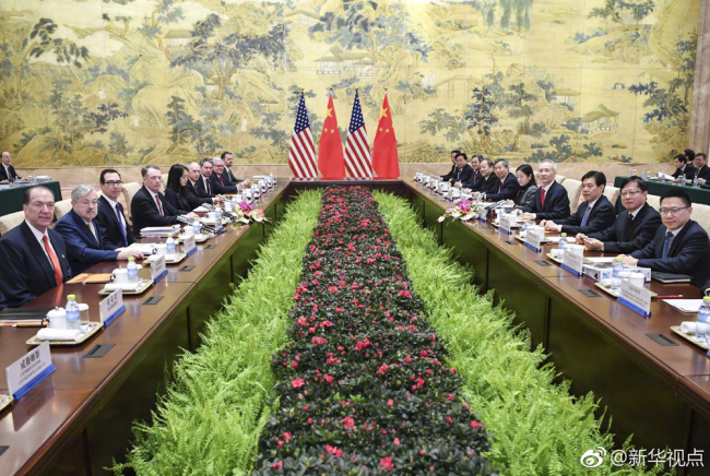 Representatives of China and the United States start a new round of high-level economic and trade consultations in Beijing on Feb. 14, 2019. [Photo: Xinhua]