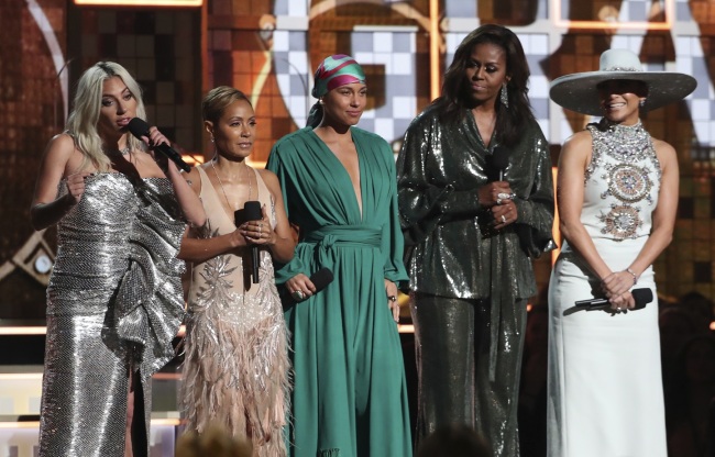 Lady Gaga, from left, Jada Pinkett Smith, Alicia Keys, Michelle Obama and Jennifer Lopez speak at the 61st annual Grammy Awards on Sunday, Feb. 10, 2019, in Los Angeles. [Photo: AP]