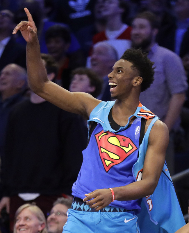 Oklahoma City Thunder Hamidou Diallo reacts to his dunk during the NBA All-Star Slam Dunk contest, Saturday, Feb. 16, 2019, in Charlotte, N.C. Diallo won the contest. [Photo: AP/Chuck Burton]