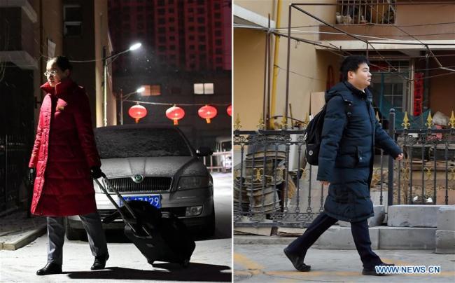 Combination photo(拼图 pīntú) shows Ma Jinzhao (R) goes to work on Feb. 14, 2019 and Zhang Wenye goes to work on Feb. 16, 2019 in Taiyuan, north China's Shanxi Province. [Photo: Xinhua]