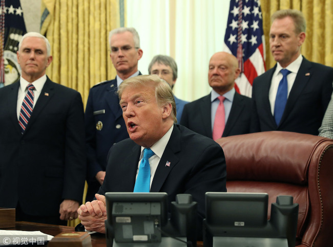 U.S. President Donald Trump speaks to the media before signing the Space Policy Directive 4, during a ceremony in the Oval Office on February 19, 2019 in Washington, DC. [Photo: VCG]