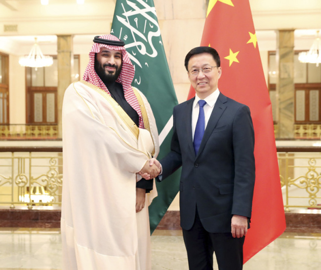 Chinese Vice Premier Han Zheng meets with Mohammed bin Salman Al Saud, Saudi Arabia's crown prince, deputy prime minister and minister of defense, on Friday, Feb. 22, 2019.[Photo: gov.cn]