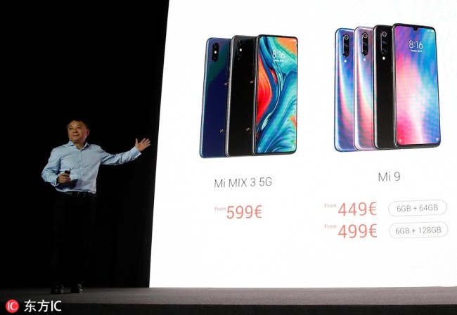 Senior Vice President of Strategic Cooperation at Xiaomi, Xiang Wang, speaks during the presentation of the new Xiaomi Mi 9 and the new Xiaomi Mi Mix 3 5G in an event held on the eve of the Mobile World Congress 2019 (MWC19), in Barcelona, Spain, 24 February 2019. [Photo: IC]